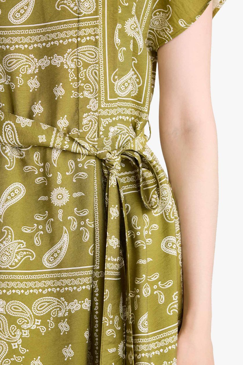 Kadın Haki A Kesim Yuvarlak Yaka Desenli Kısa Kollu Midi Elbise