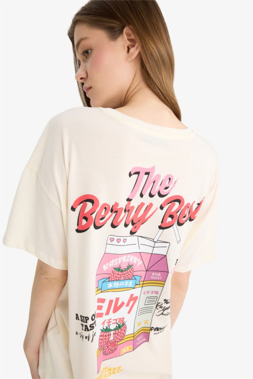 Kadın Ekru Oversize Geniş Kalıp Bisiklet Yaka Sırt Baskılı Kısa Kollu Tişört