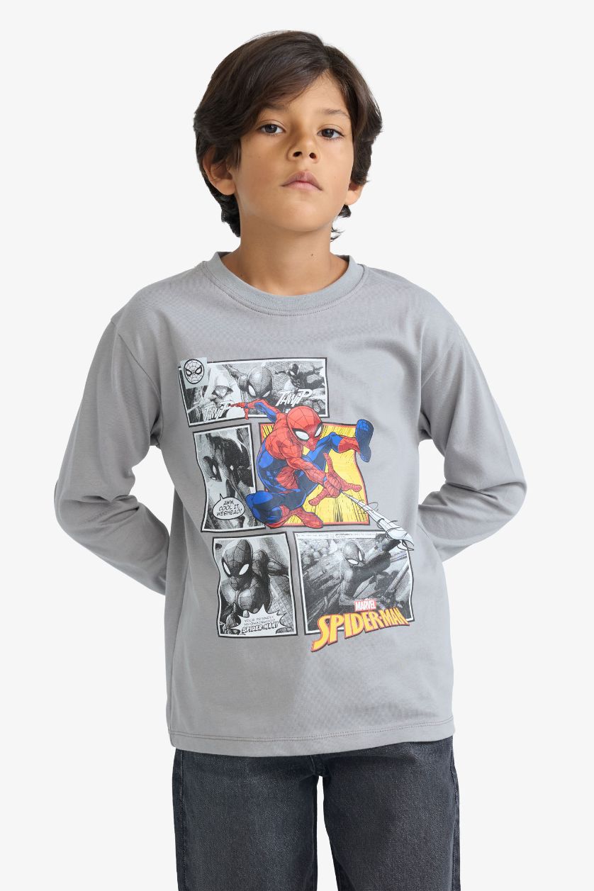 Erkek Çocuk - Genç Erkek Gri Marvel Games Spiderman Bisiklet Yaka Uzun Kollu Tişört Erkek Çocuk