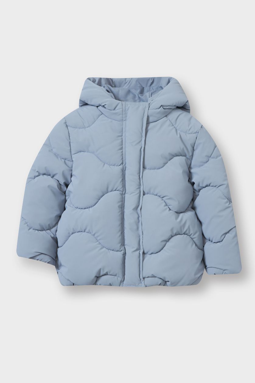 Kız Bebek Mavi Kapüşonlu Fermuarlı Kapitoneli Şişme Mont Kız Bebek