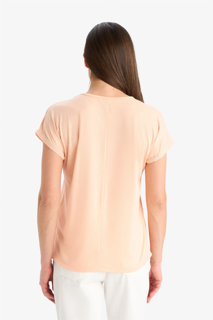 Kadın Somon Bisiklet Yaka Basic Düz Kısa Kollu Tişört	