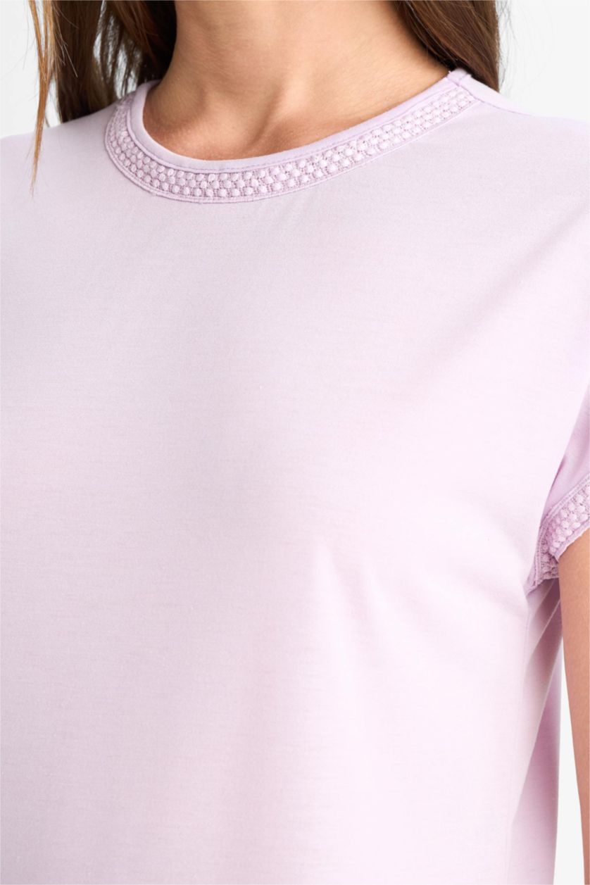 Kadın Lila Büyük Bisiklet Yaka Basic Düz Kısa Kollu Tişört