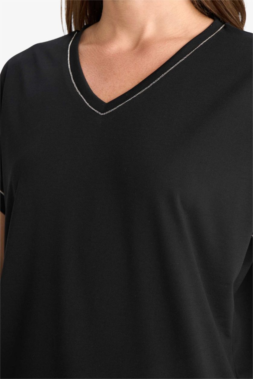 Kadın Siyah V Yaka Basic Düz Kısa Kollu Tişört
