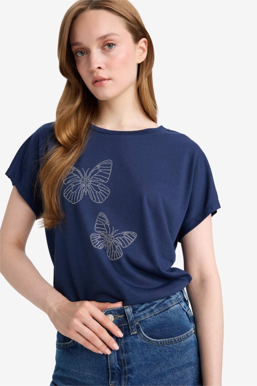 Woman NAVY Regular Fit Crew Neck Short Sleeve T-Shirt