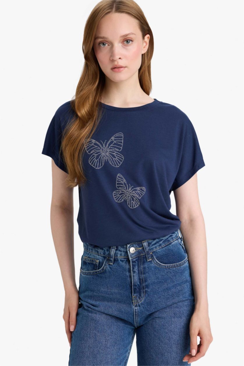 Woman NAVY Regular Fit Crew Neck Short Sleeve T-Shirt