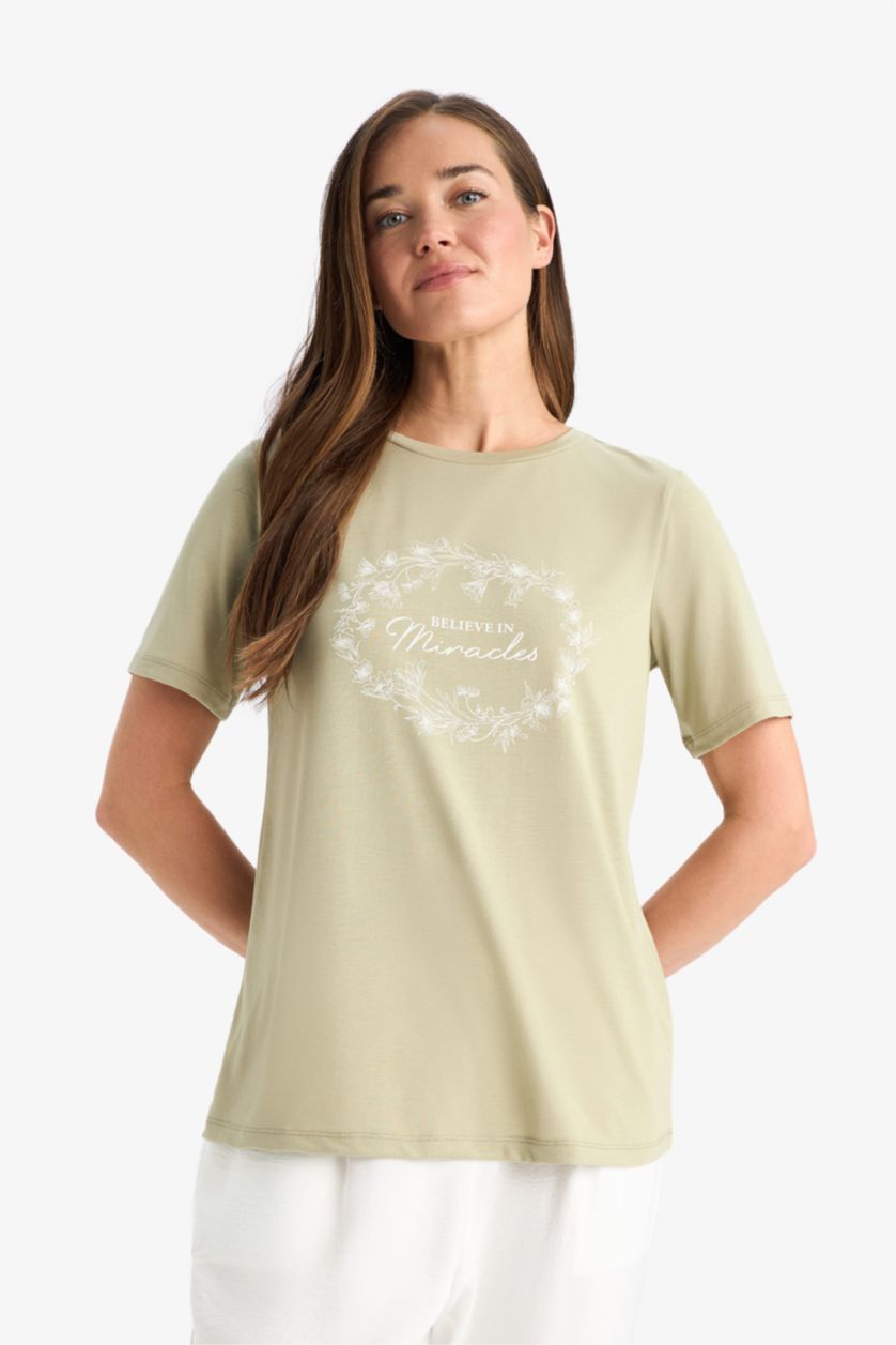 نساء كاكي فاتح Regular Fit Crew Neck Short Sleeve T-Shirt