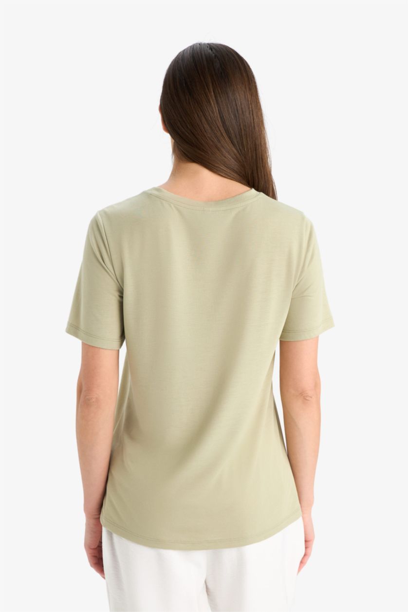 نساء كاكي فاتح Regular Fit Crew Neck Short Sleeve T-Shirt