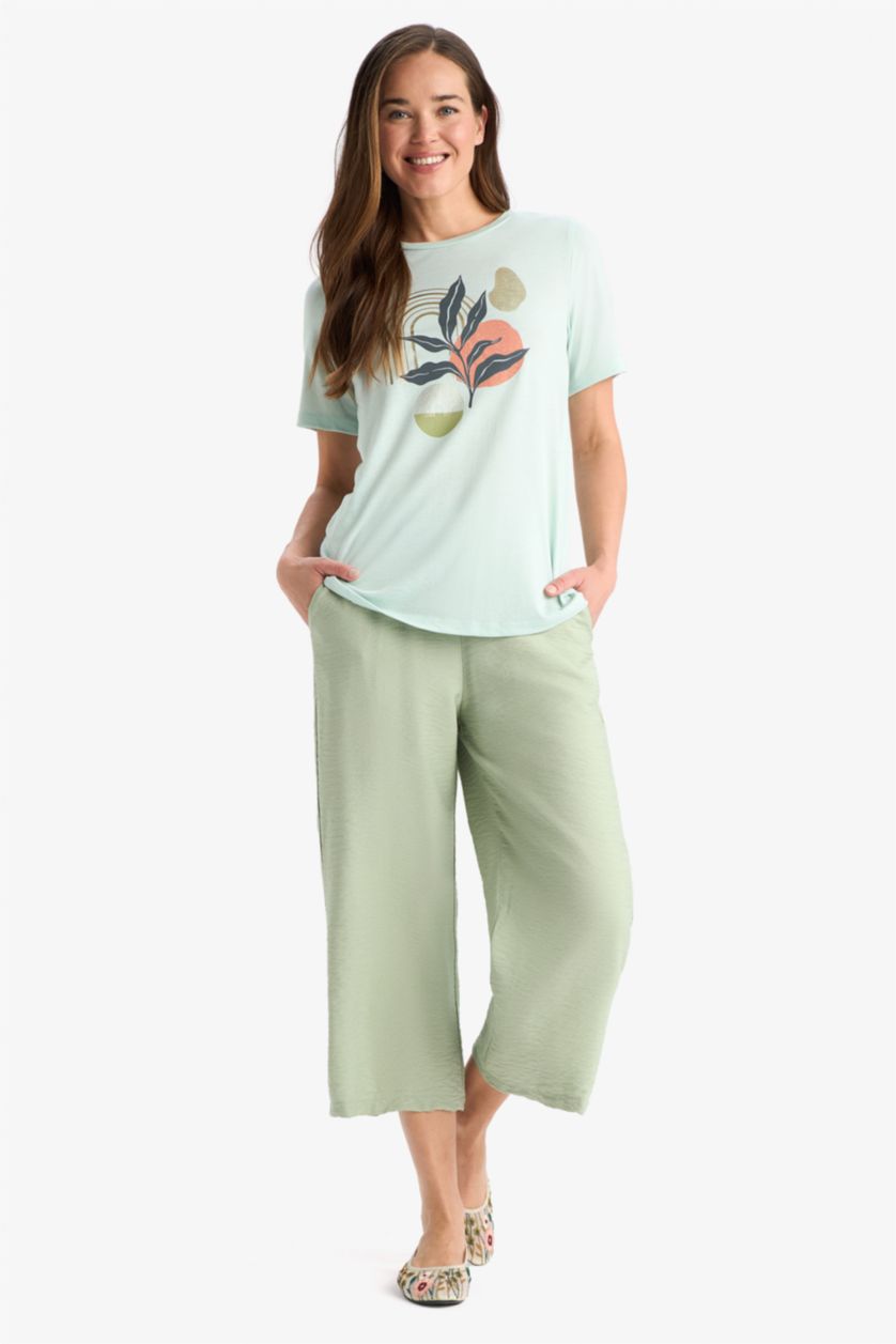 Woman Mint Regular Fit Crew Neck Printed Short Sleeve T-Shirt