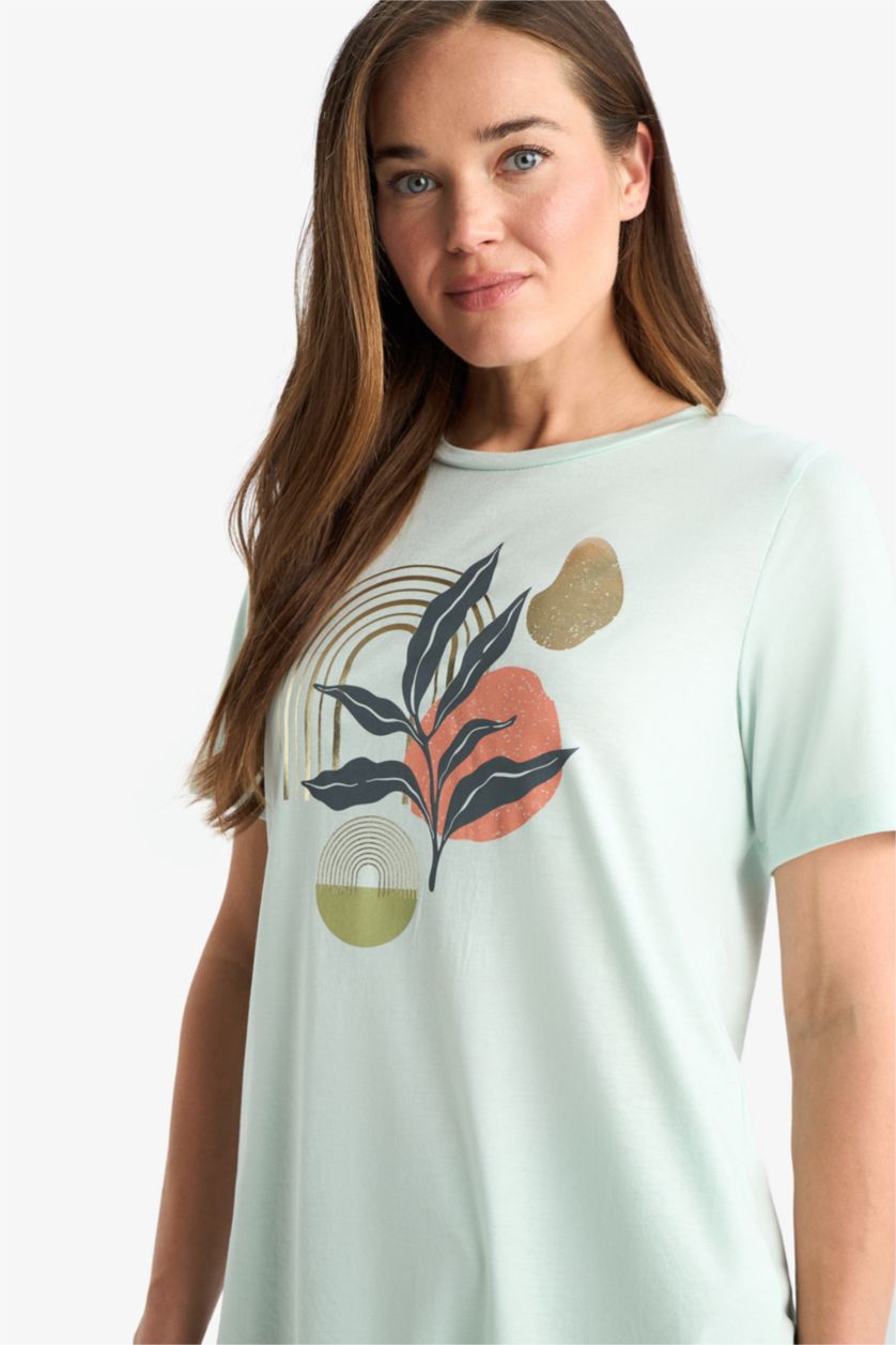 Woman Mint Regular Fit Crew Neck Printed Short Sleeve T-Shirt