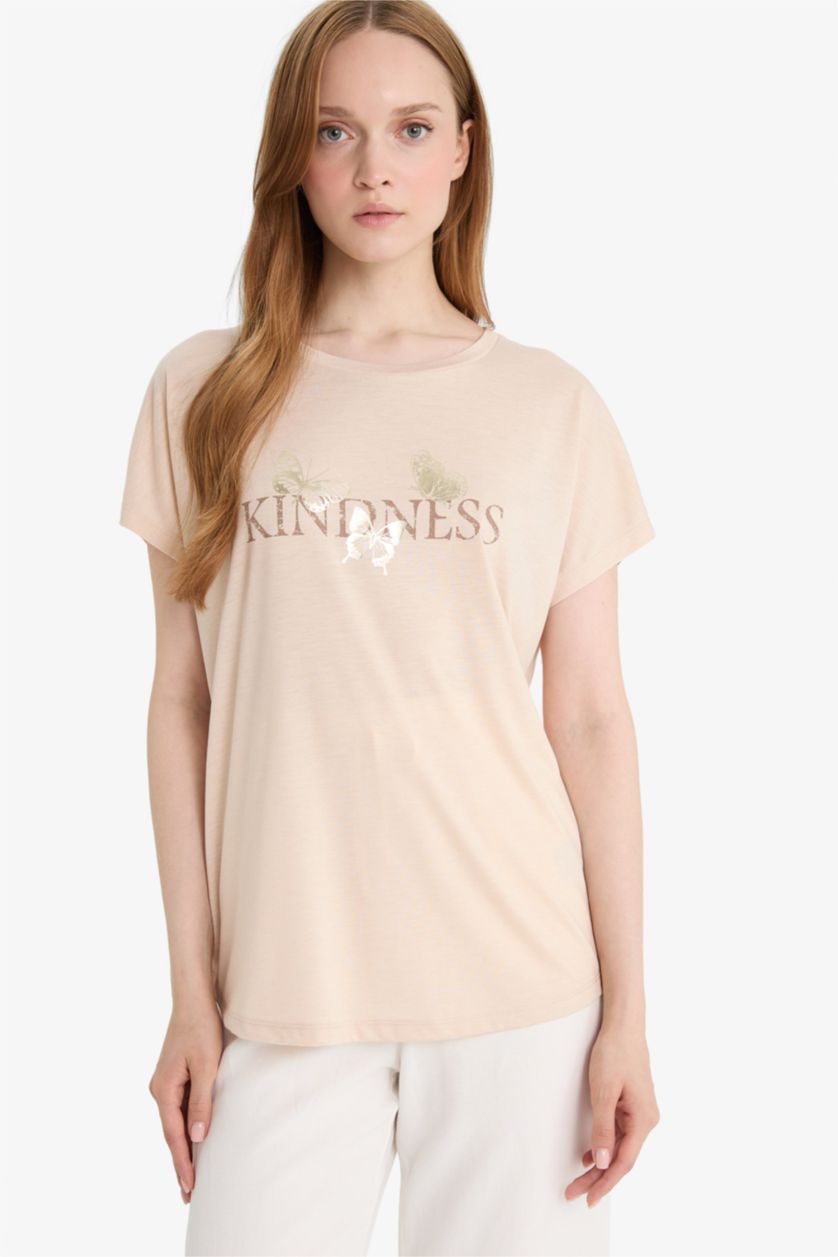 نساء بيج Regular Fit Crew Neck Printed T-Shirt