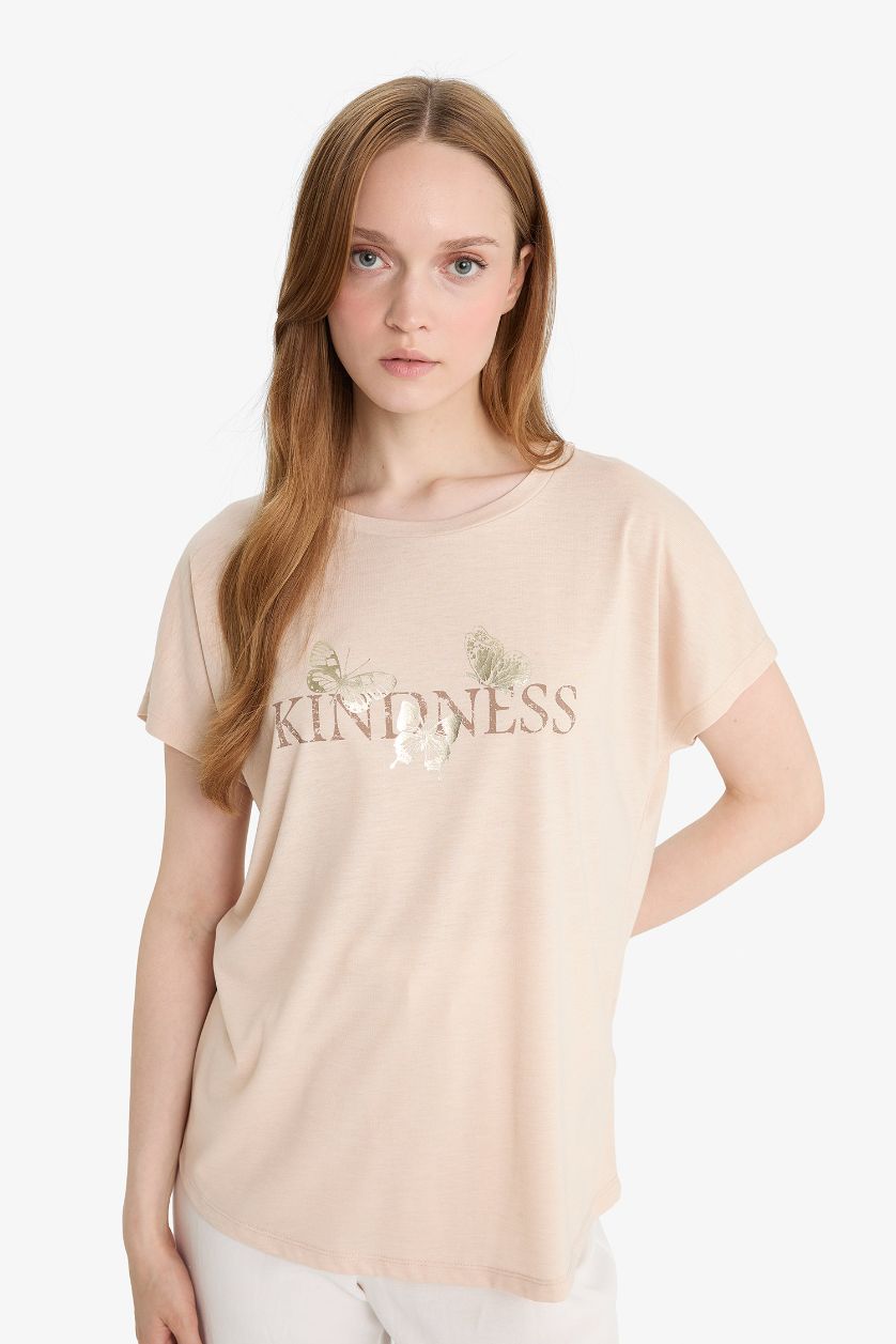 نساء بيج Regular Fit Crew Neck Printed T-Shirt