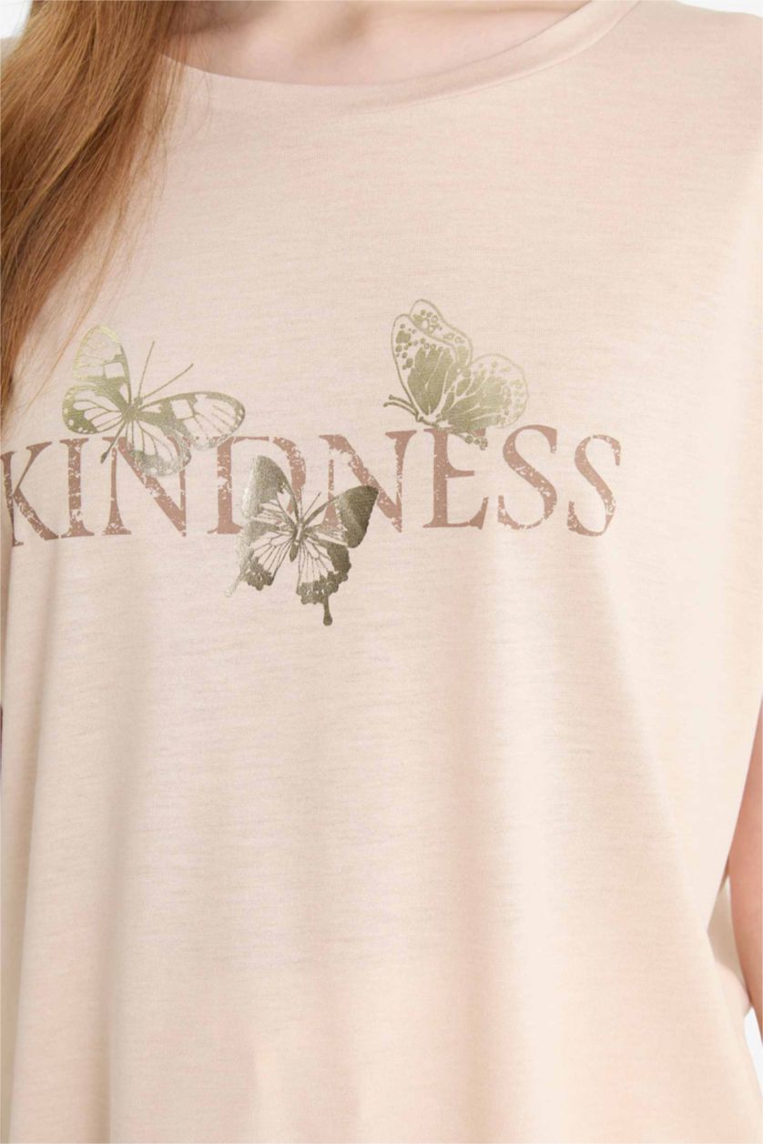 نساء بيج Regular Fit Crew Neck Printed T-Shirt