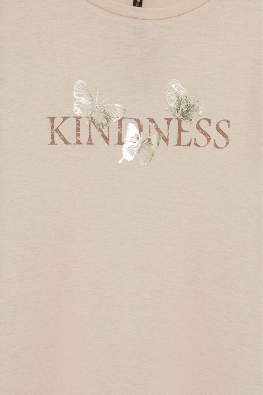 نساء بيج Regular Fit Crew Neck Printed T-Shirt