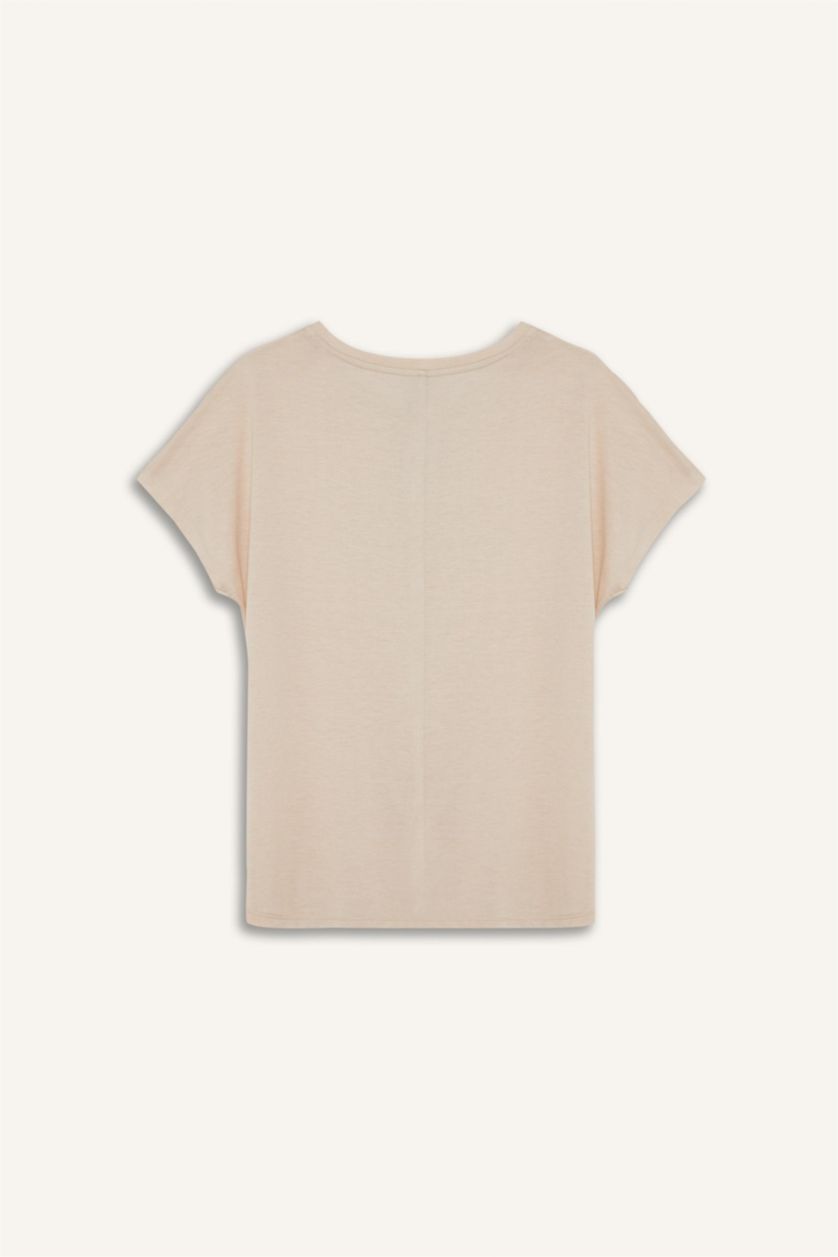 نساء بيج Regular Fit Crew Neck Printed T-Shirt