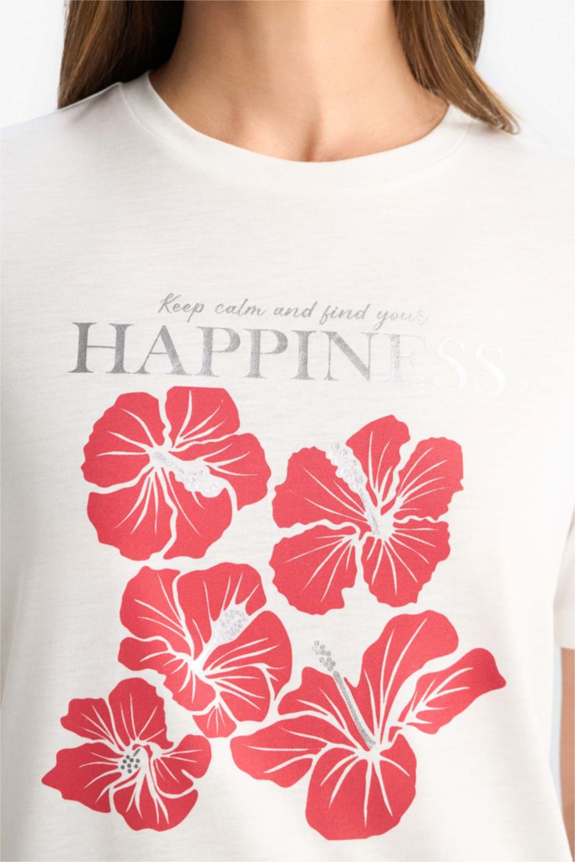 Kadın Ekru Regular Fit Bisiklet Yaka Baskılı Kısa Kollu Tişört