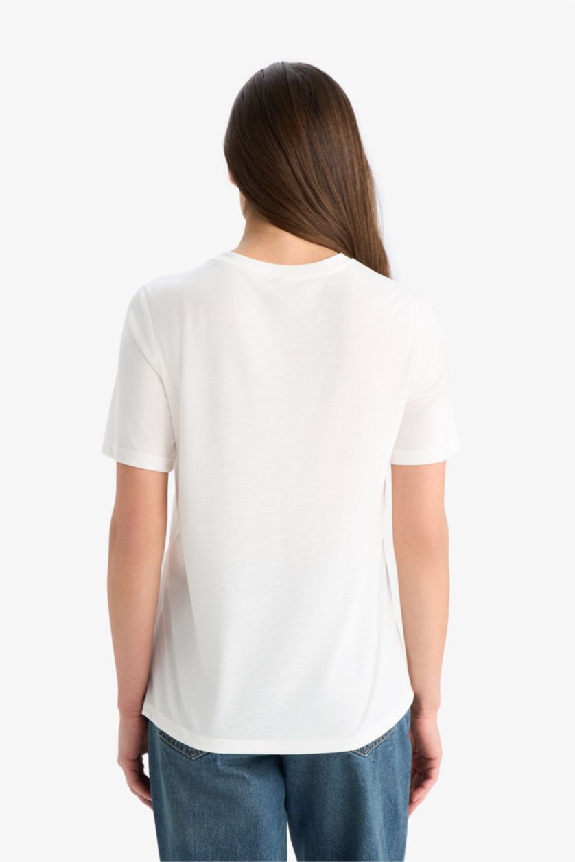 Kadın Ekru Regular Fit Bisiklet Yaka Baskılı Kısa Kollu Tişört