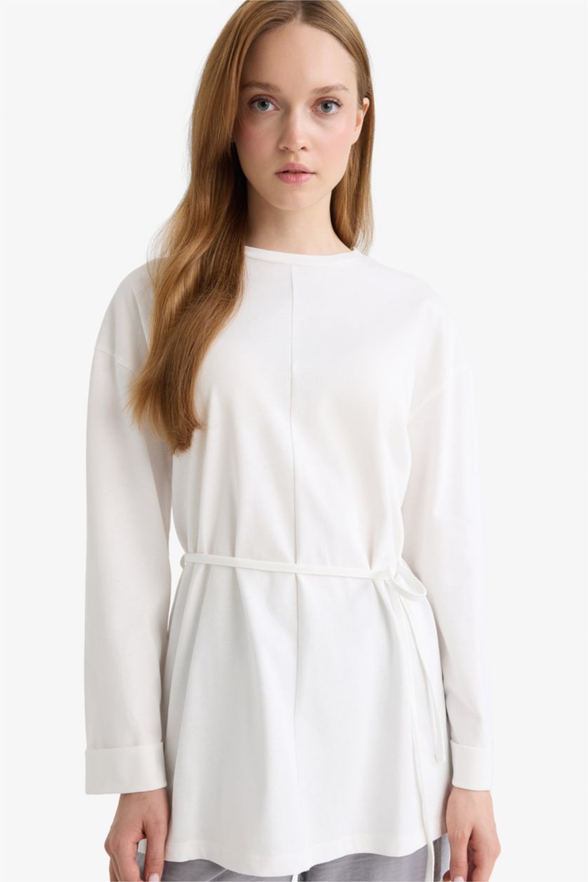 WOMAN Ecru Loose Fit Crew Neck Long Sleeve Tunic