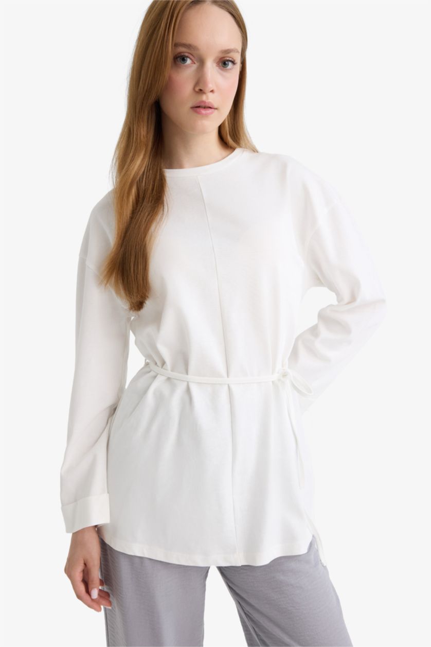 WOMAN Ecru Loose Fit Crew Neck Long Sleeve Tunic