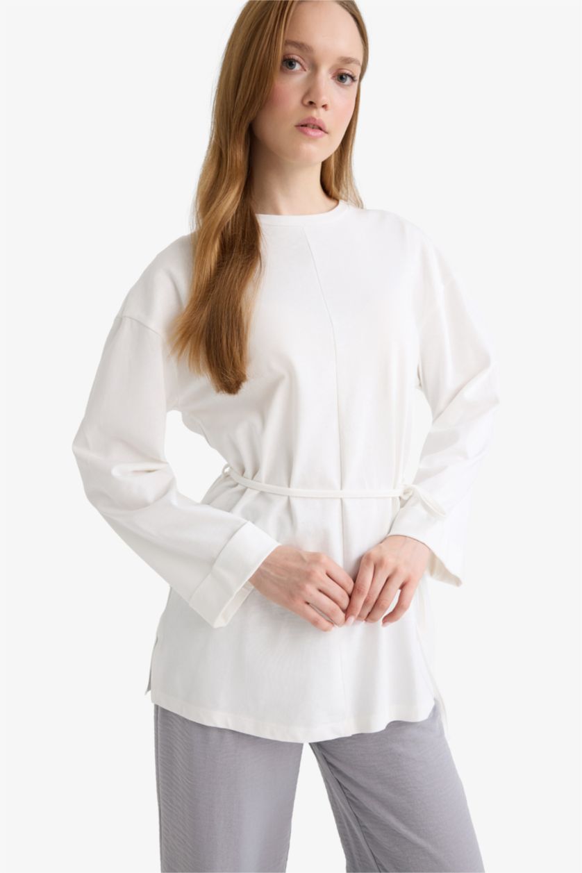 WOMAN Ecru Loose Fit Crew Neck Long Sleeve Tunic