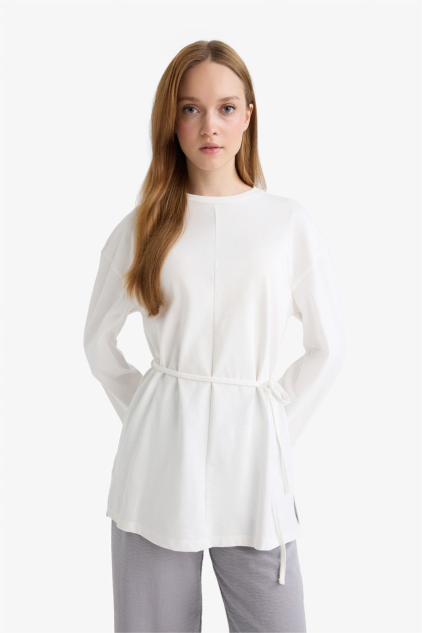 WOMAN Ecru Loose Fit Crew Neck Long Sleeve Tunic