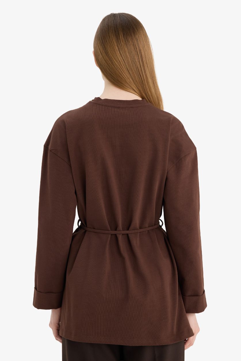 حريمي بني تونيك كم طويل قصة فضفاضة برباط