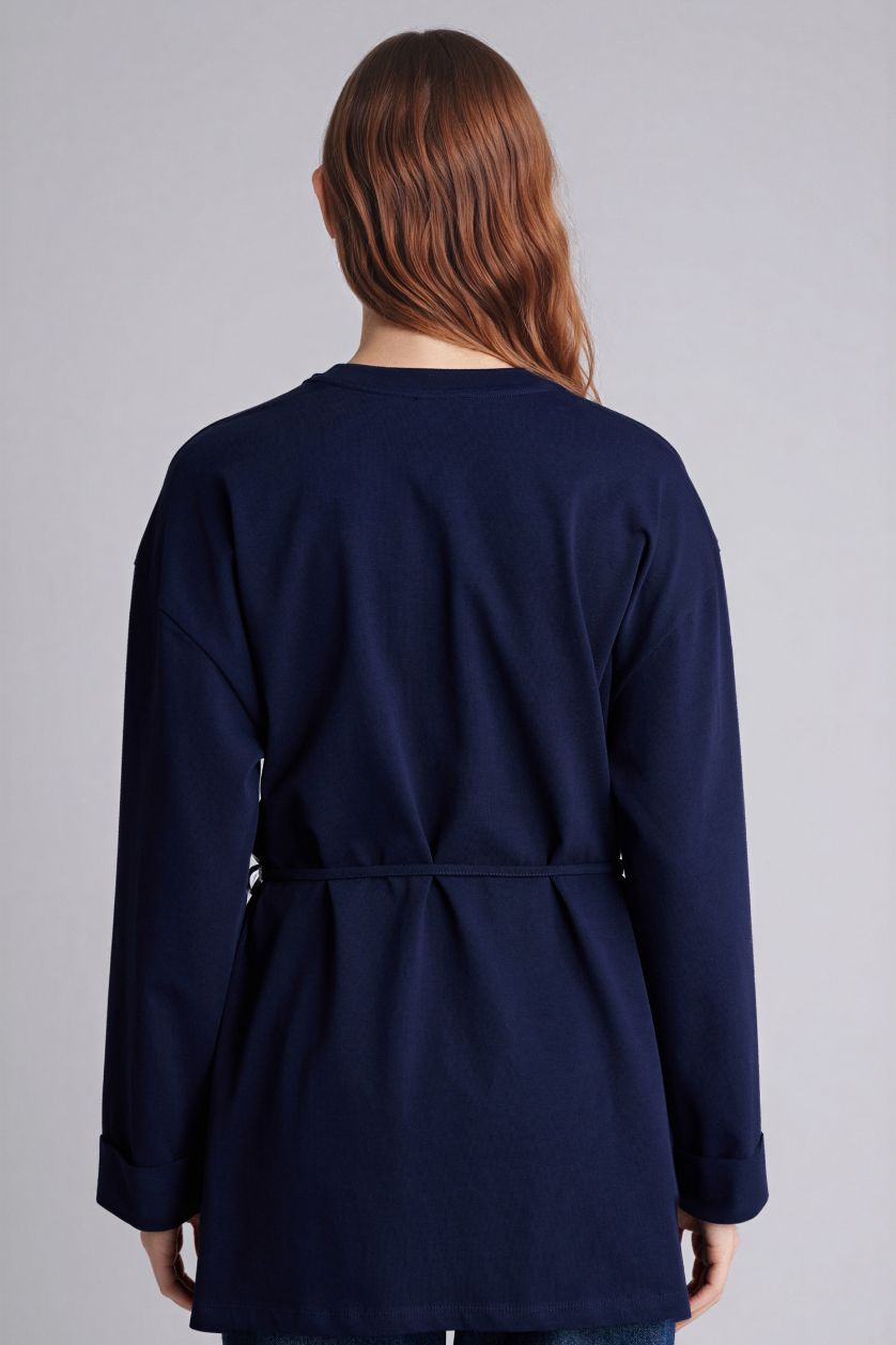 Kadın Lacivert Loose Fıt Bağlamalı Tunik