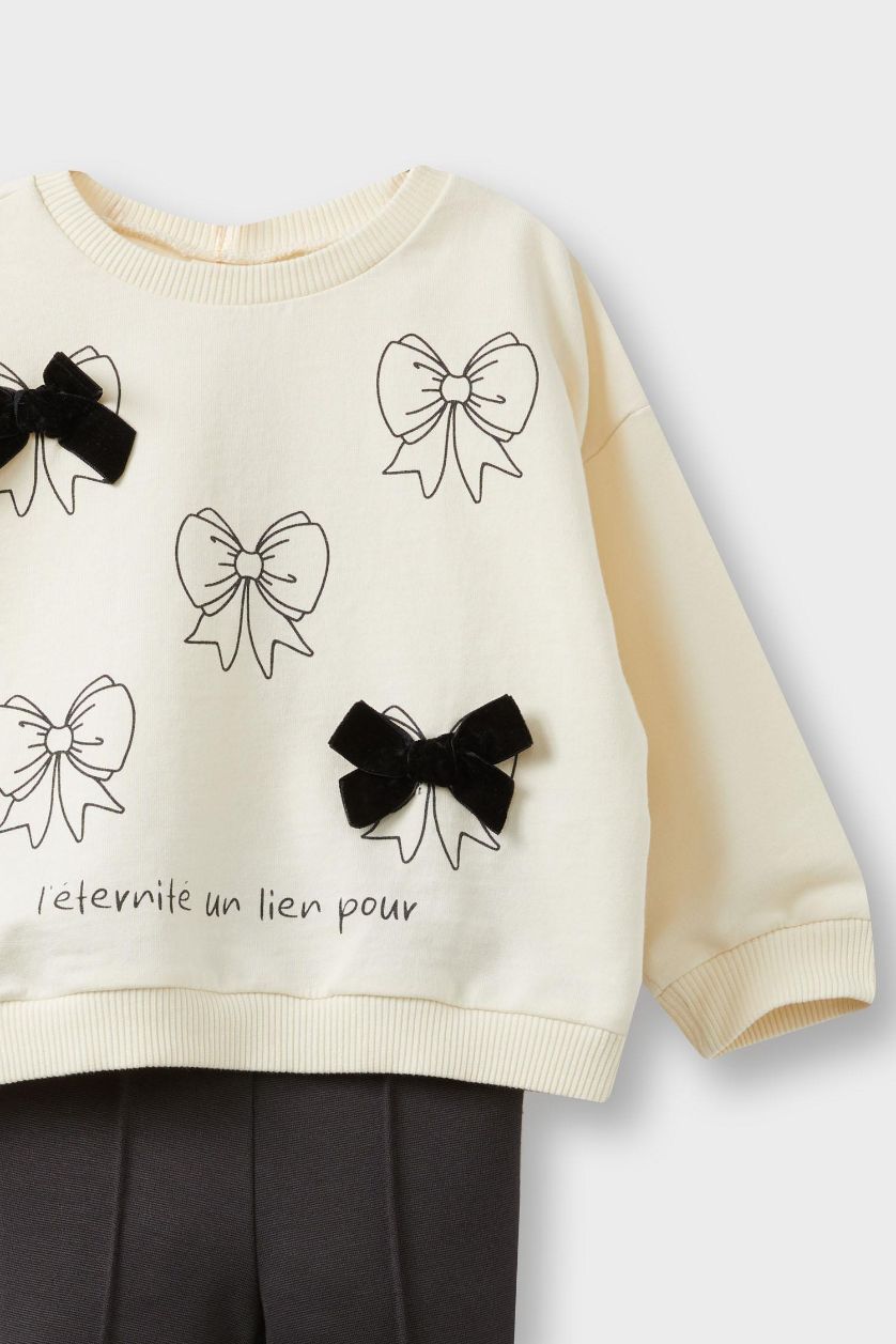 Kız Bebek Ekru Kız Bebek 2'li Takım Baskılı Sweatshirt İspanyol Paça Tayt