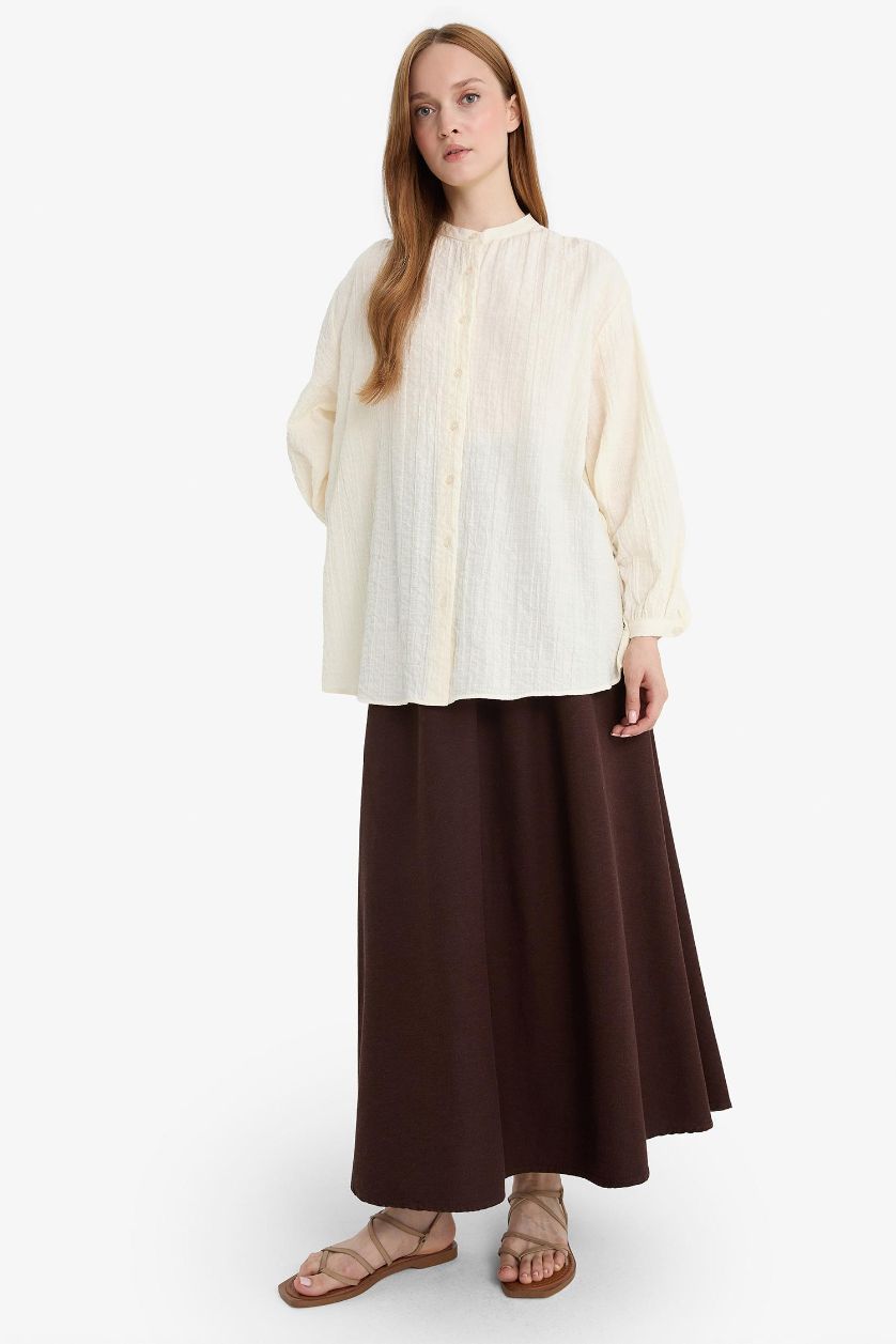 Woman Brown Pleat Linen Blended Maxi Skirt