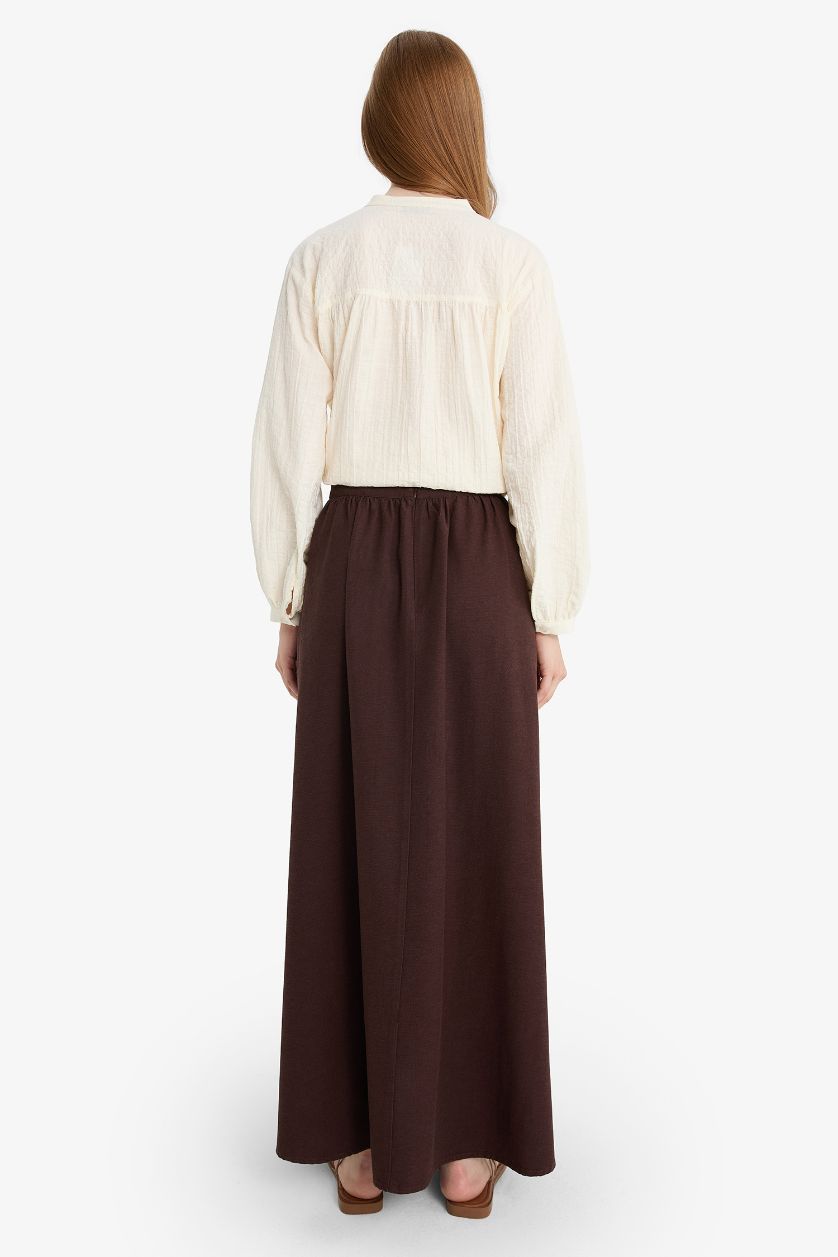 Woman Brown Pleat Linen Blended Maxi Skirt