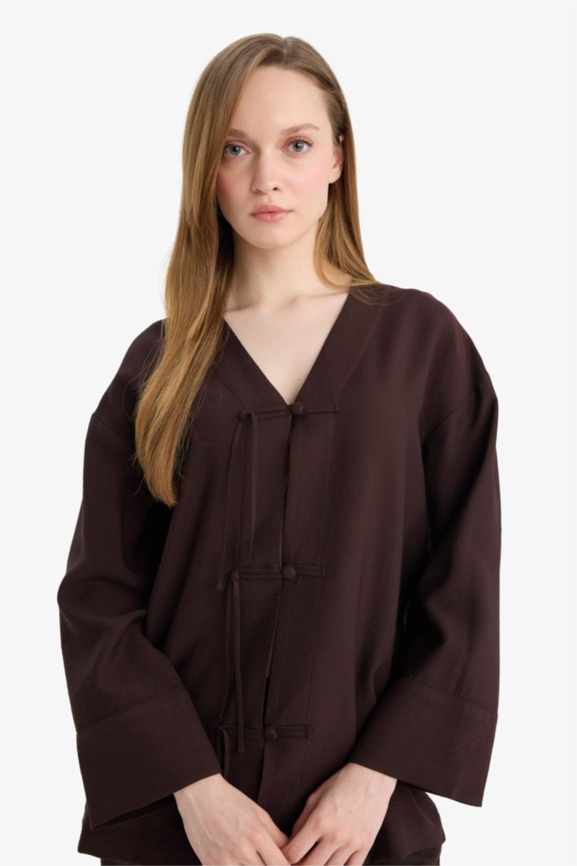 FEMME Marron Tunique À Manches Longues Lin Mélangé Coupe décontractée