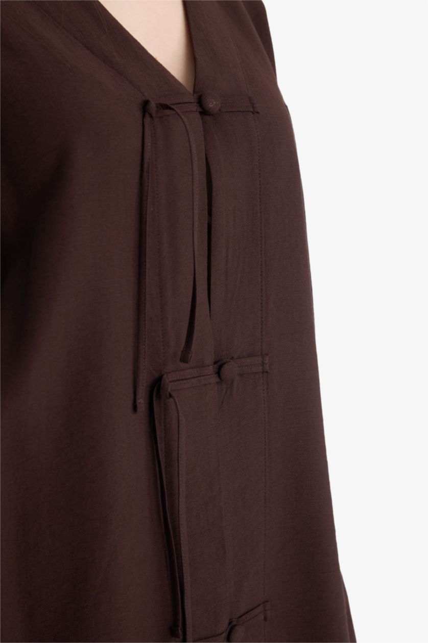 FEMME Marron Tunique À Manches Longues Lin Mélangé Coupe décontractée