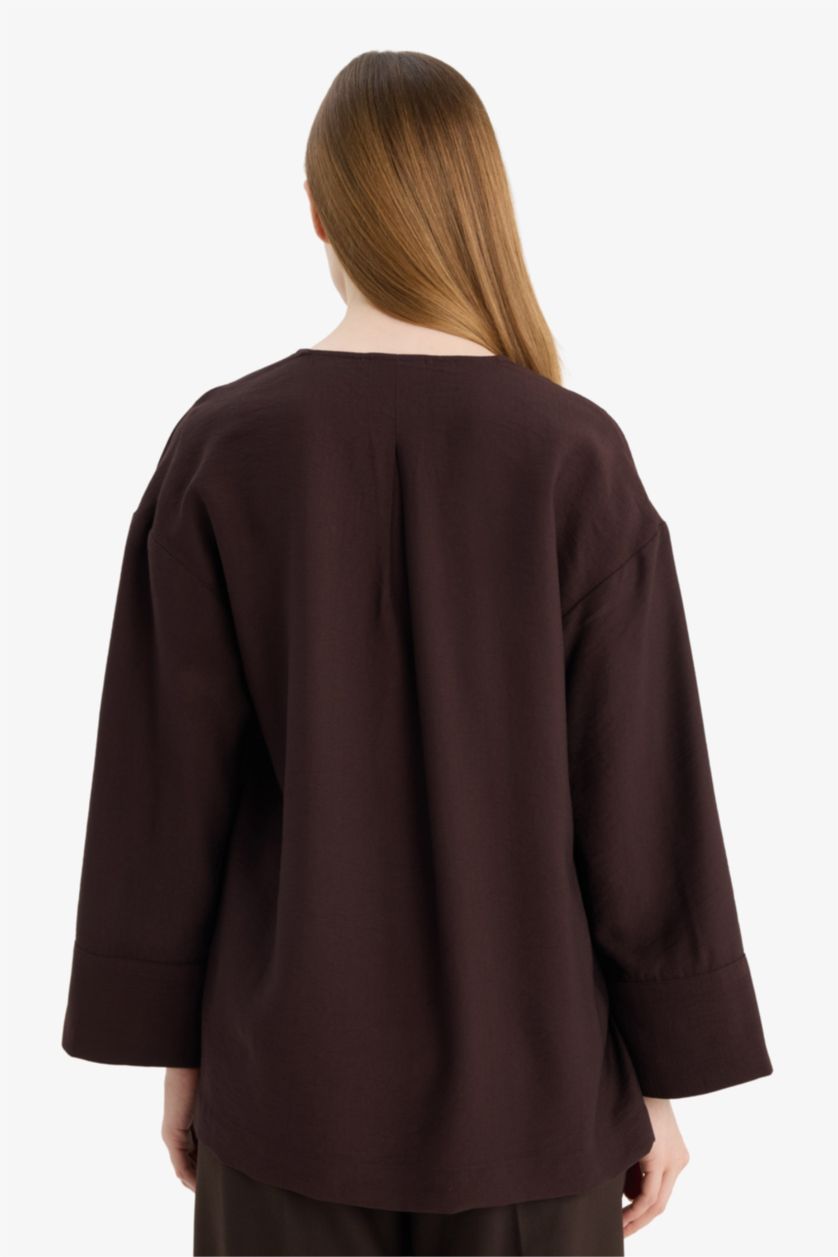 FEMME Marron Tunique À Manches Longues Lin Mélangé Coupe décontractée