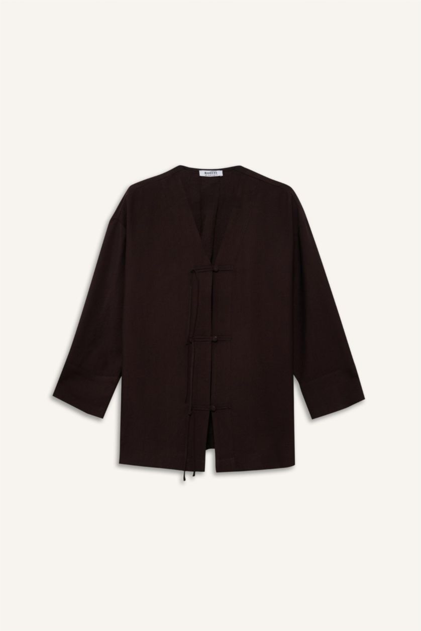 FEMME Marron Tunique À Manches Longues Lin Mélangé Coupe décontractée