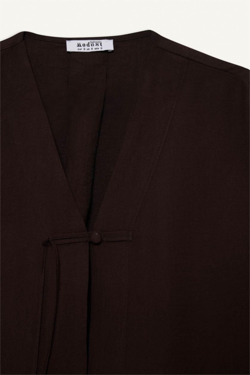 FEMME Marron Tunique À Manches Longues Lin Mélangé Coupe décontractée