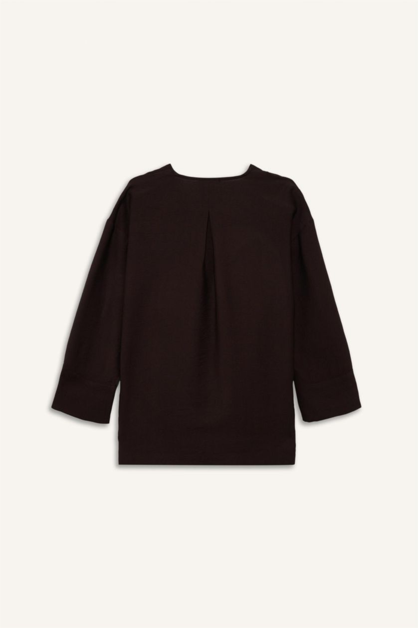 FEMME Marron Tunique À Manches Longues Lin Mélangé Coupe décontractée