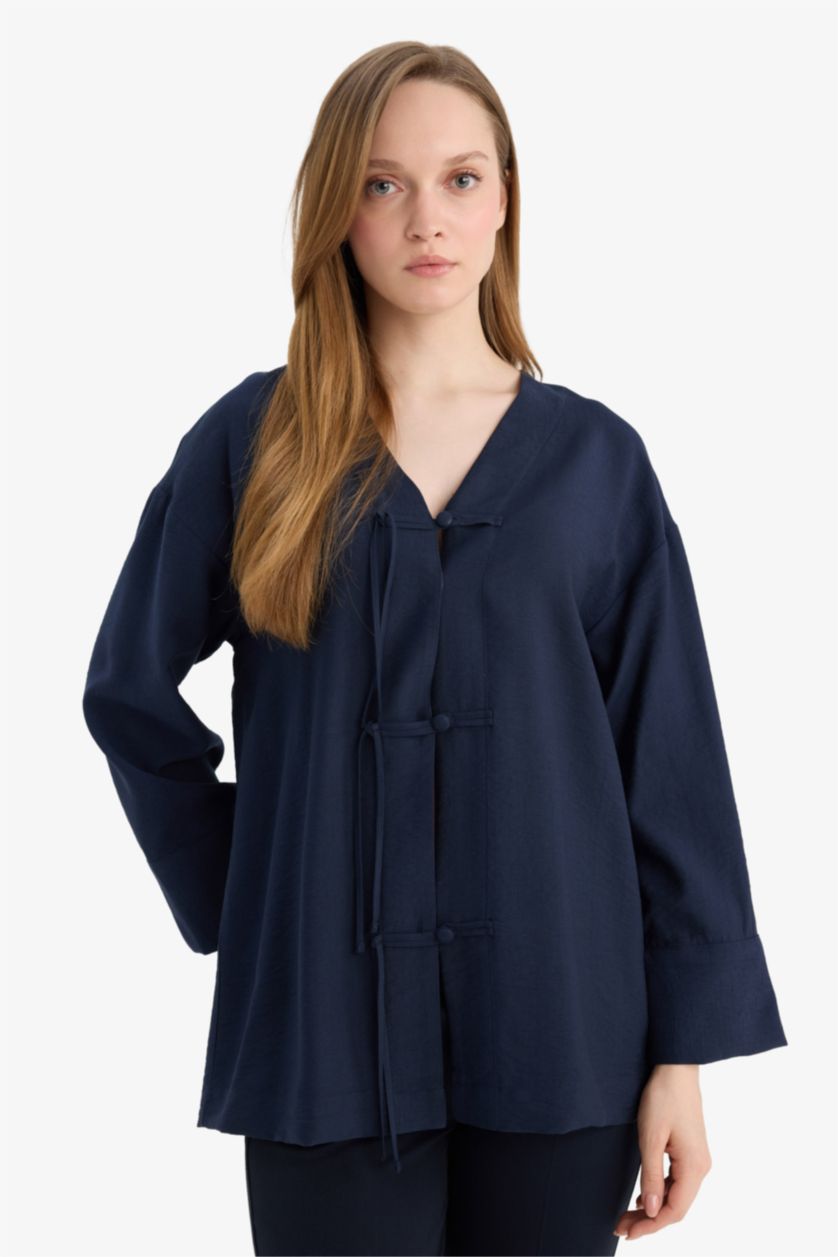 FEMME Marin Tunique À Manches Longues Lin Mélangé Coupe décontractée