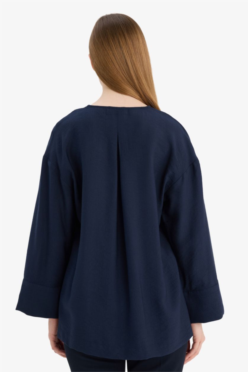 FEMME Marin Tunique À Manches Longues Lin Mélangé Coupe décontractée