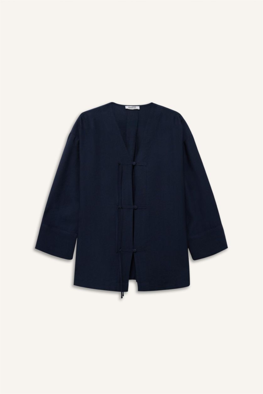 FEMME Marin Tunique À Manches Longues Lin Mélangé Coupe décontractée