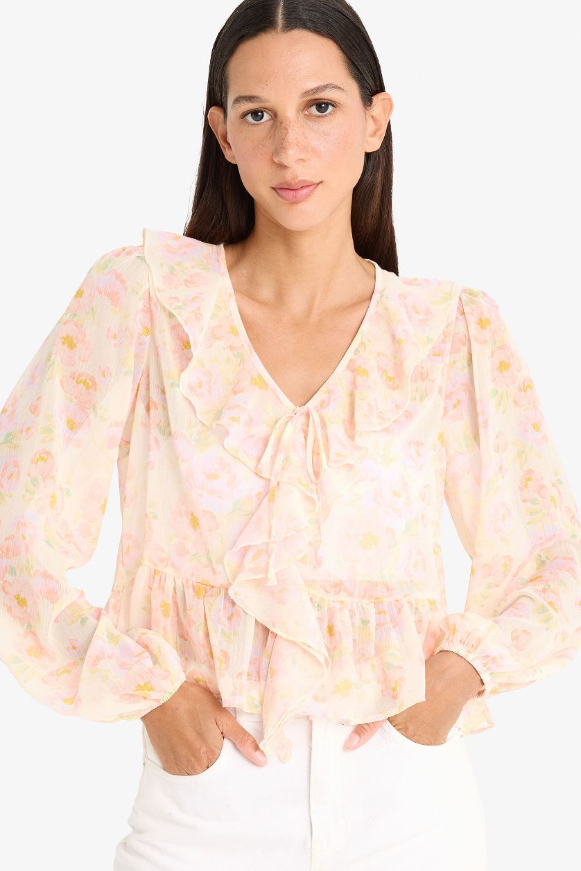 Kadın Sarı Regular Fıt Floral Şifon Uzun Kollu Bluz