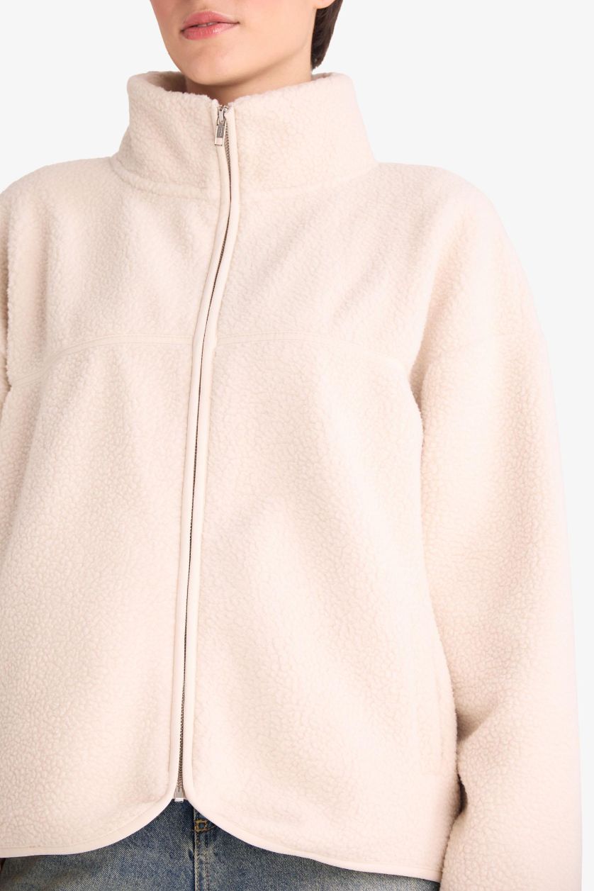 Kadın Bej Relax Fıt Yarım Balıkçı Yaka Welsoft Pelüş Hırka