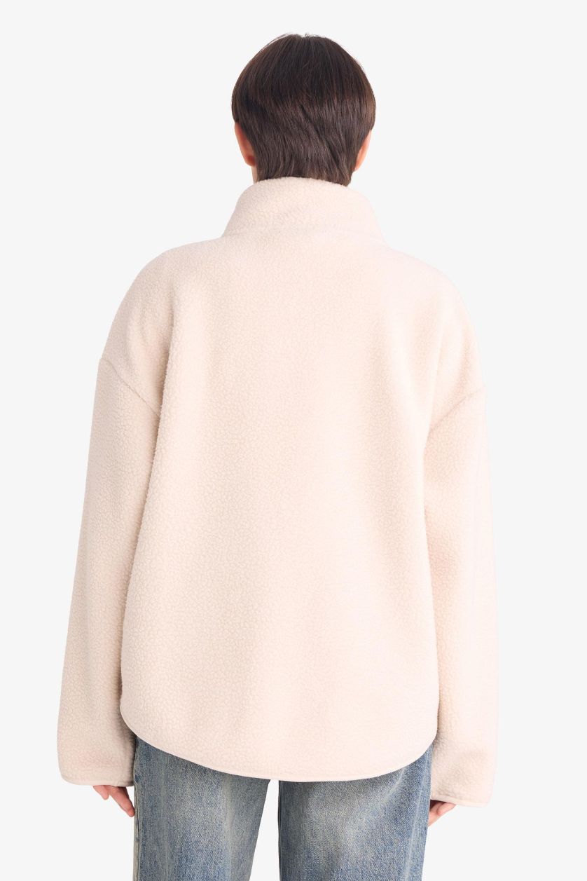 Kadın Bej Relax Fıt Yarım Balıkçı Yaka Welsoft Pelüş Hırka