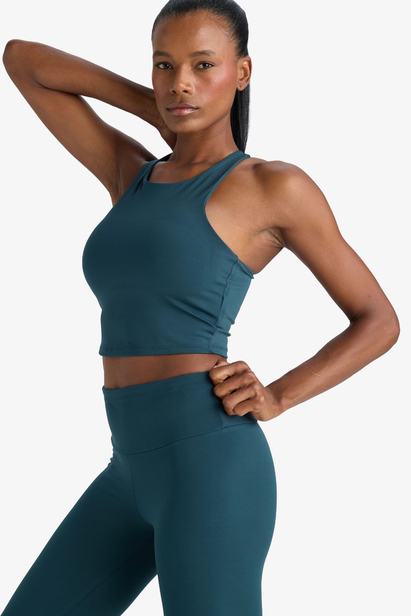 Woman Dark Green DeFactoFit Padded Crew Neck Sports Bra