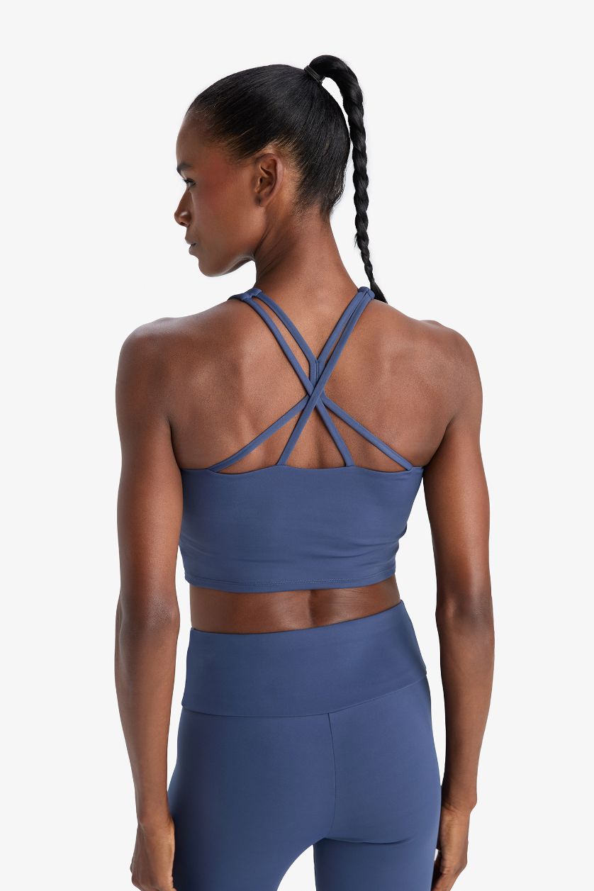 Kadın İndigo Bisiklet Yaka Pedli İç Göstermez Esnek Kumaş Uzun Sporcu Sütyeni