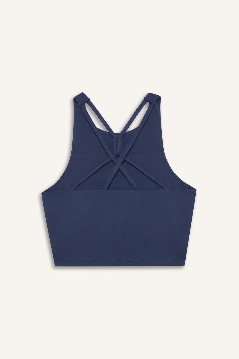 Kadın İndigo Bisiklet Yaka Pedli İç Göstermez Esnek Kumaş Uzun Sporcu Sütyeni