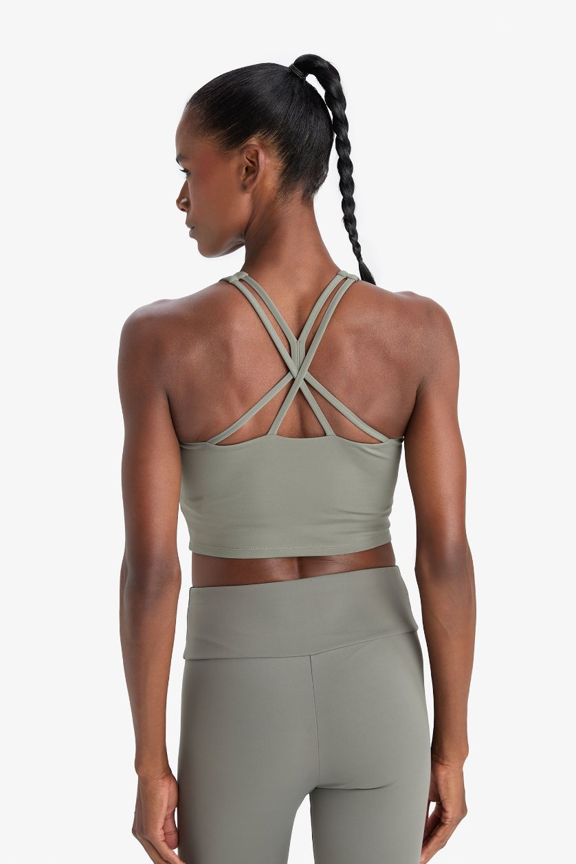 Kadın Açık Haki Bisiklet Yaka Pedli İç Göstermez Esnek Kumaş Uzun Sporcu Sütyeni