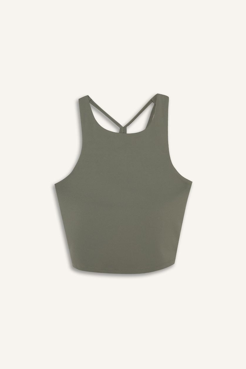 Kadın Açık Haki Bisiklet Yaka Pedli İç Göstermez Esnek Kumaş Uzun Sporcu Sütyeni