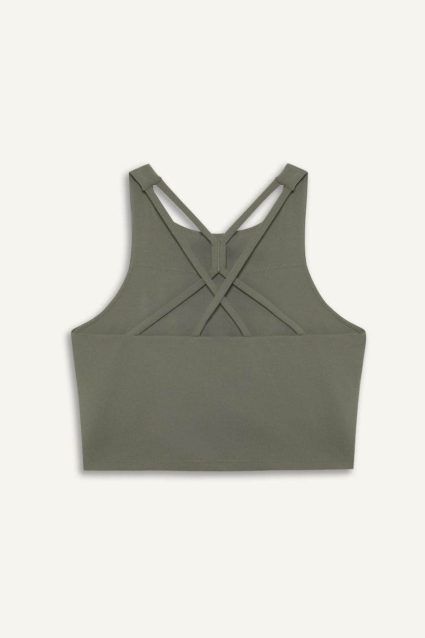 Kadın Açık Haki Bisiklet Yaka Pedli İç Göstermez Esnek Kumaş Uzun Sporcu Sütyeni