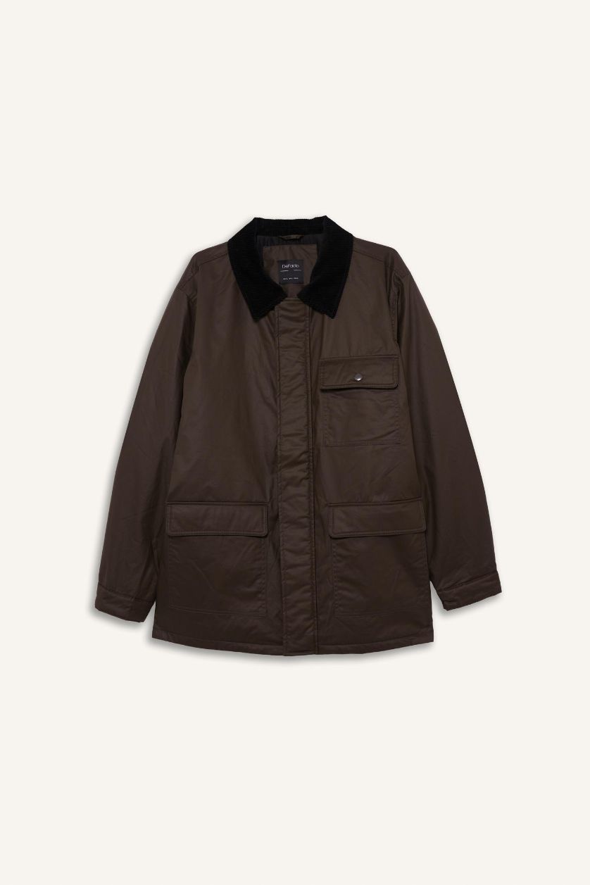 Erkek Kahve Relax Fit Rahat Kalıp Polo Yaka Kadife Yakalı İç Cep Detaylı Mevsimlik Mont