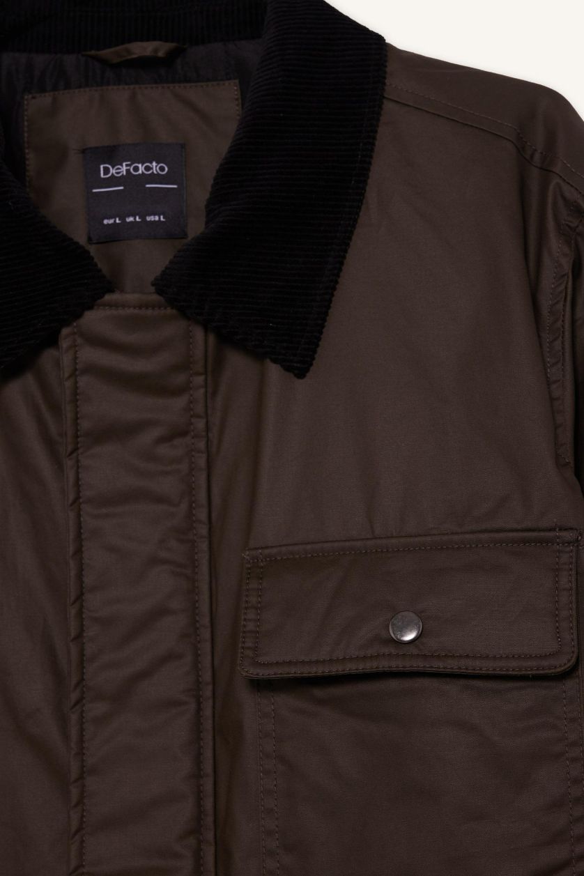 Erkek Kahve Relax Fit Rahat Kalıp Polo Yaka Kadife Yakalı İç Cep Detaylı Mevsimlik Mont