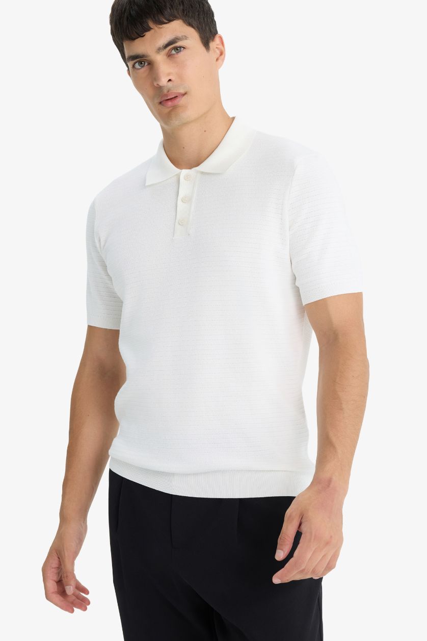 Erkek Ekru Standart Fit Polo Yaka Triko Kısa Kollu Tişört